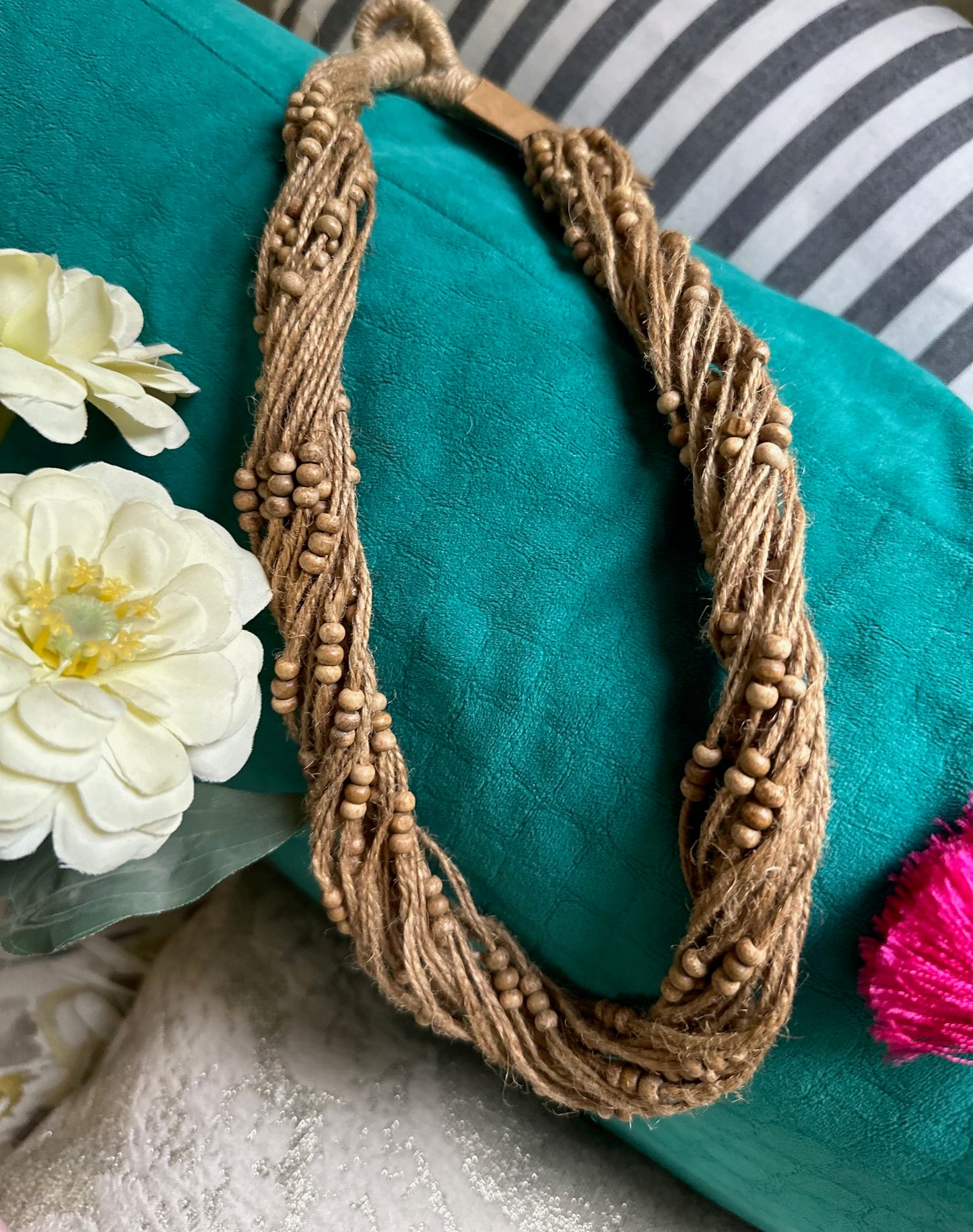 Jute Small Wooden Beads Neckpiece