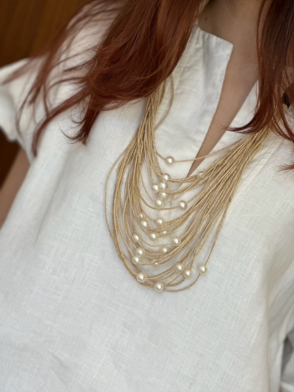 Pearl Jute Neckpiece With Black loops