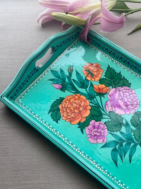 Handpainted Wooden Tray in Turquoise Floral