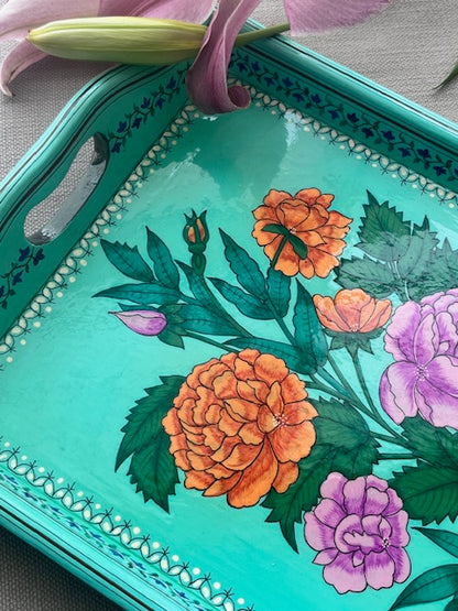 Handpainted Wooden Tray in Turquoise Floral