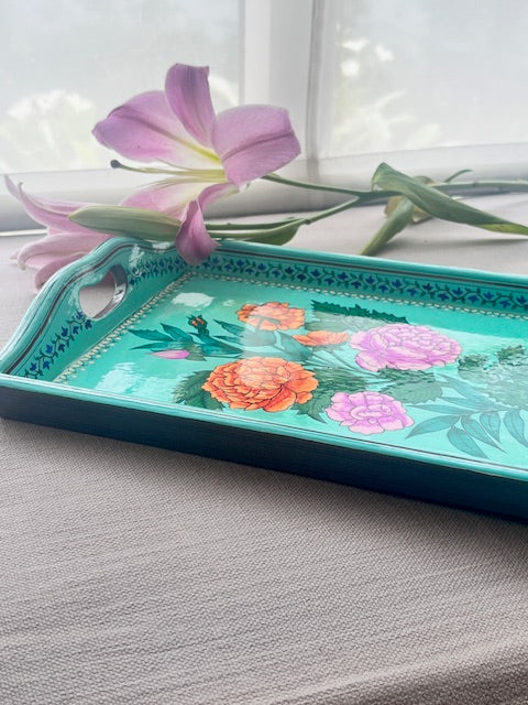 Handpainted Wooden Tray in Turquoise Floral