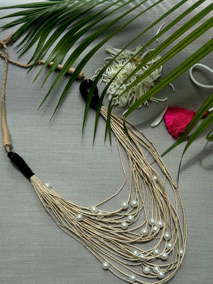 Pearl Jute Neckpiece With  Black loops